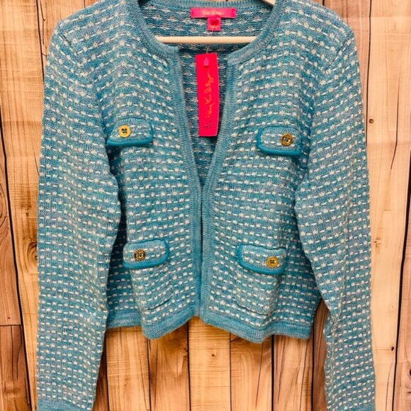 Lilly Pulitzer | Kienna Knit Cardigan Jacket Cumulus Blue Metallic Marl Size L - Picture 2 of 4